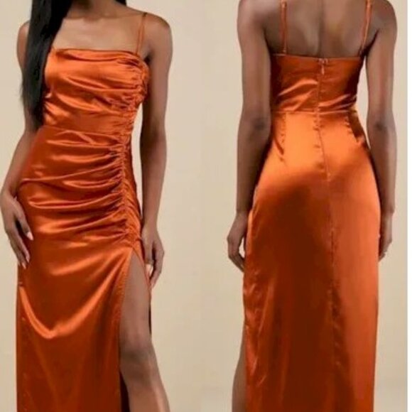 Lulus Luxurious Marvel Rust Orange Satin Ruched Column Maxi Dress Medium NWOT - Picture 14 of 14